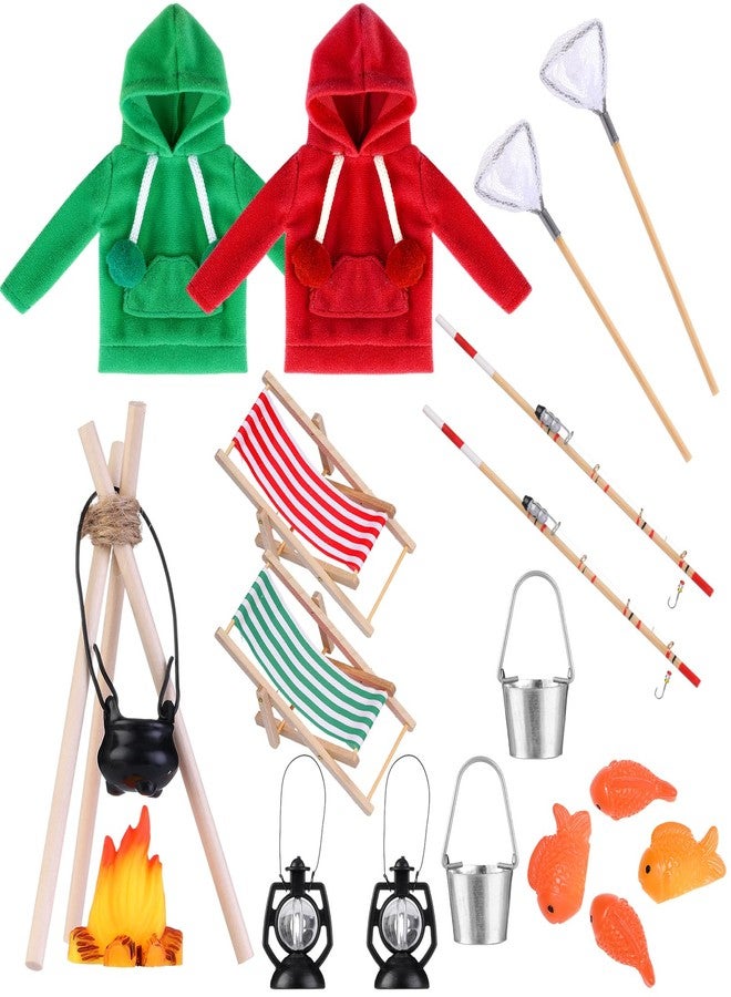 Cozypower 19 Pcs Christmas Elf Fishing Accessories Set Include Clothes Miniature Fishing Accessories Fish Net Mini Lamp Hanging Ring Pot Triangular Simulated Bonfire for Xmas House - Image 1